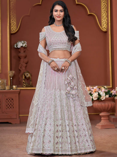 Astonishing Pink Jarkan Work Net Engagement Wear Lehenga Choli